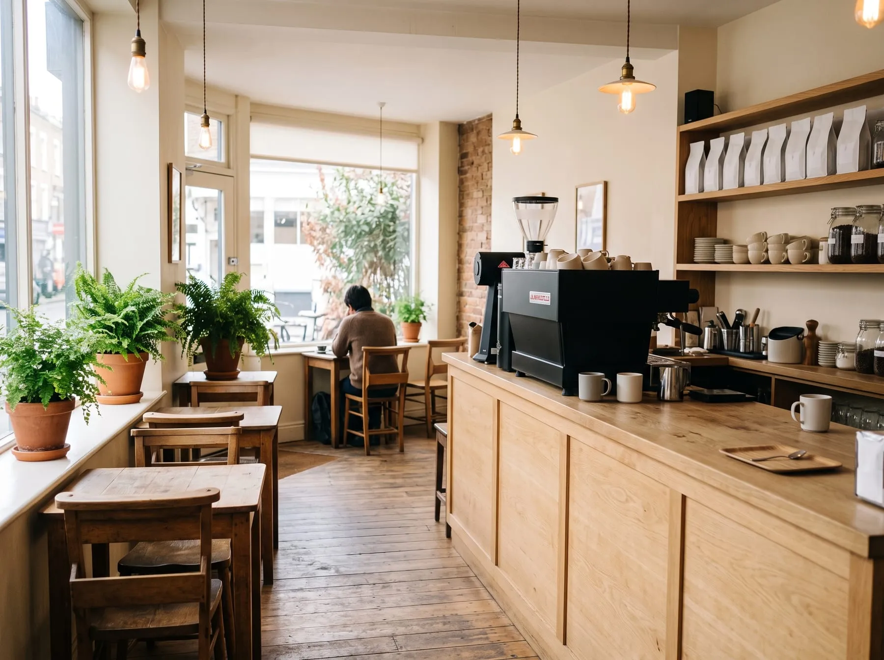The bar and window seating at Fern & Filter on a bright morning
