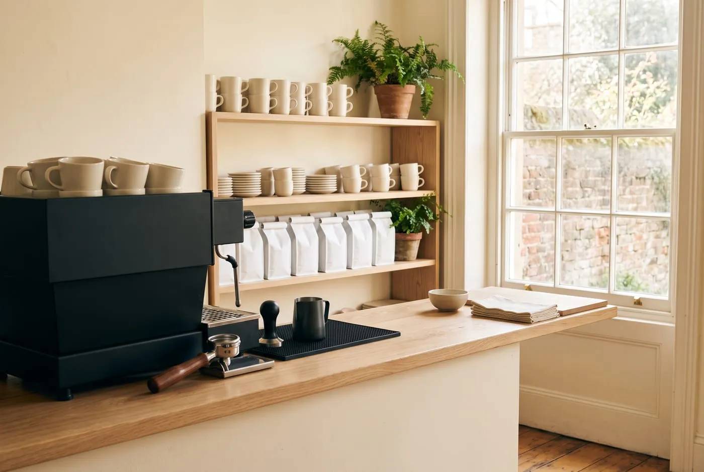 The bar counter with wooden shelving and a bright window behind it