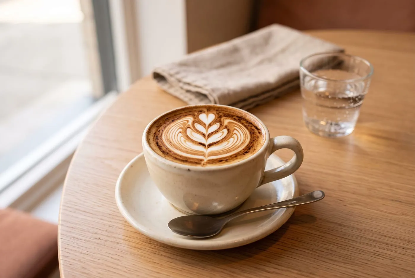 A cappuccino with latte art on a saucer, set on a wooden table