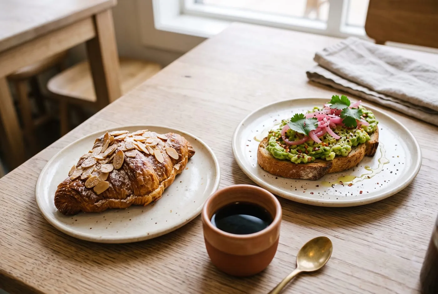 An almond croissant and a small plate of avocado toast