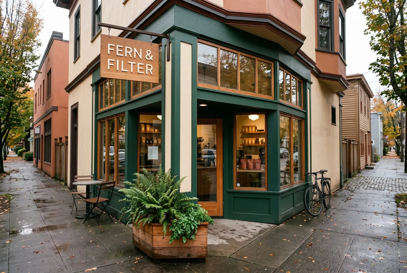 The shopfront with its sign and a sidewalk table beside the door