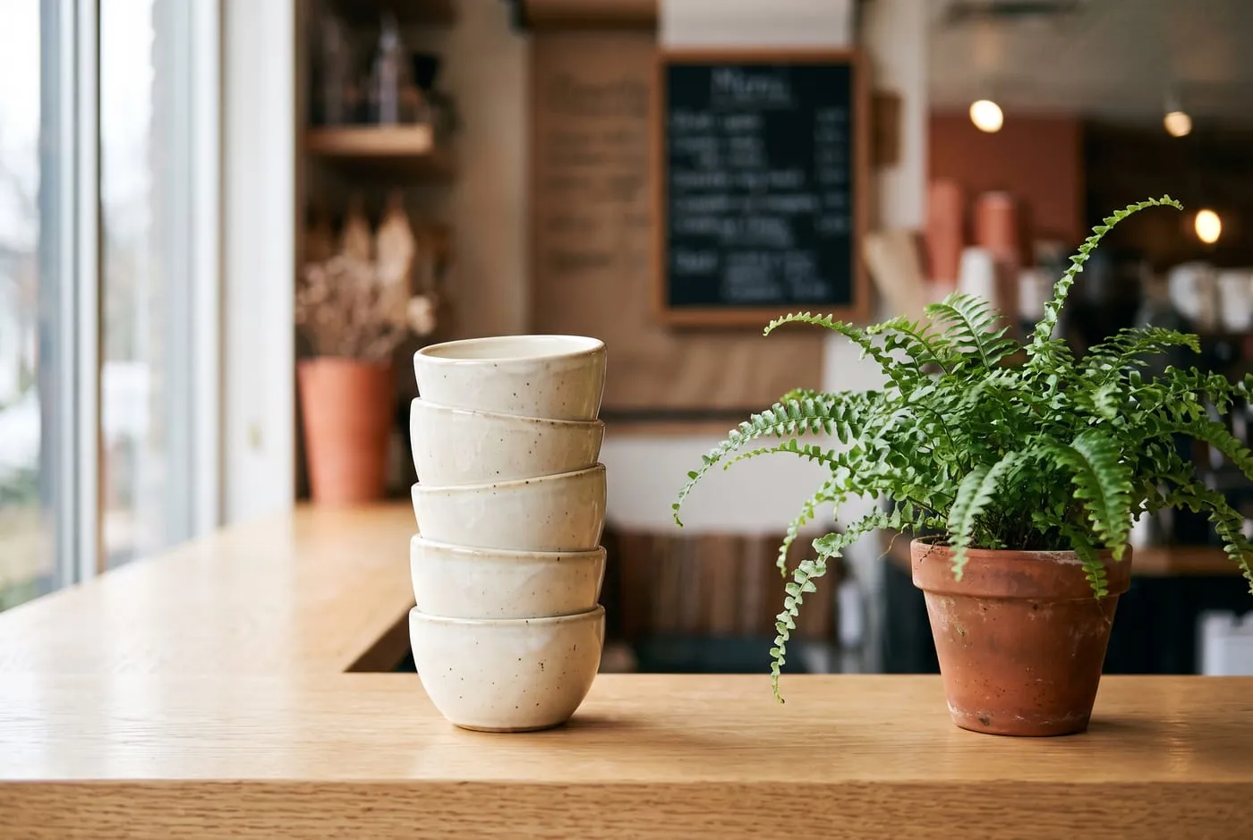 A stack of ceramic cups next to a potted fern on the counter